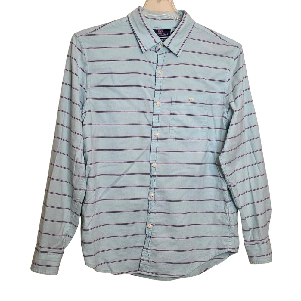 Vineyard Vines Mens Medium‎ Slim Longshore Shirt Light Blue Striped Cotton Blend